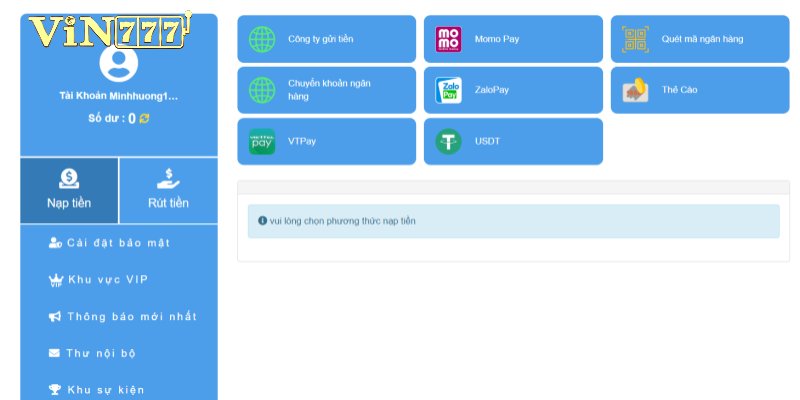 Cách nạp tiền Vin777 qua các bước đơn giản